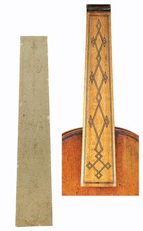 來自1613年Amati兄弟的“短笛”小提琴的原始楓木指板（右上），以及左上角的指板鑲嵌紙模板），現(xiàn)在收藏在克雷莫納的斯特拉迪瓦里博物館。  諸如此類的鑲嵌指板已成為巴洛克小提琴經(jīng)久不衰的形象